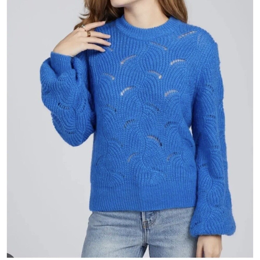 Rolla's Laura Sweater Blue Open Knit Crewneck Pullover Balloon Sleeve Sz MED